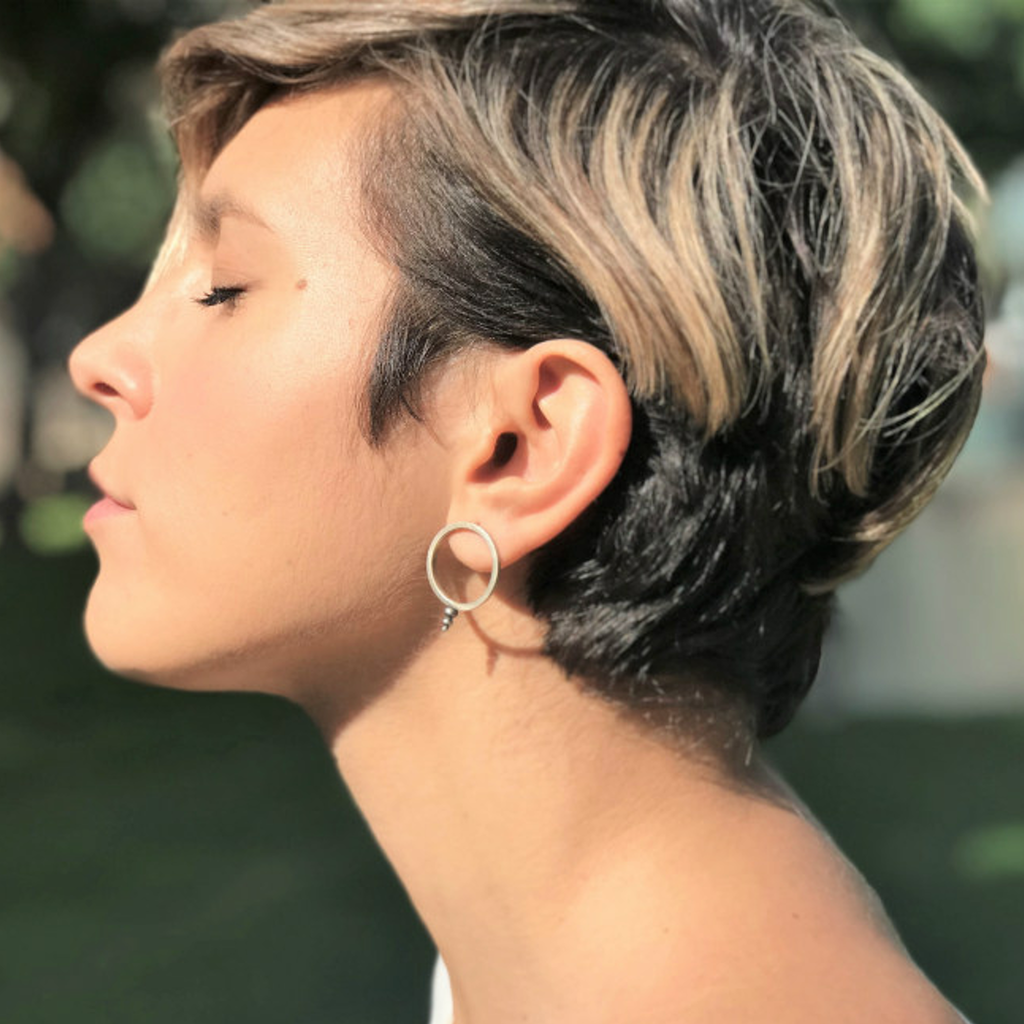 Model wearing Zen Circle Designer Earrings on IndieFaves