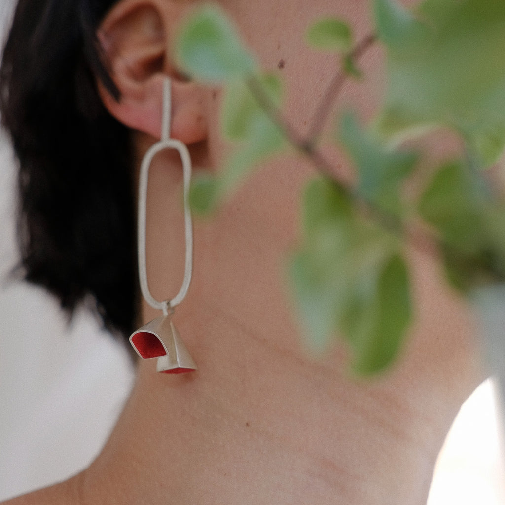 Anja Berg - Silver and Red Enamel Fall of Double Bells Designer Earrings on IndieFaves