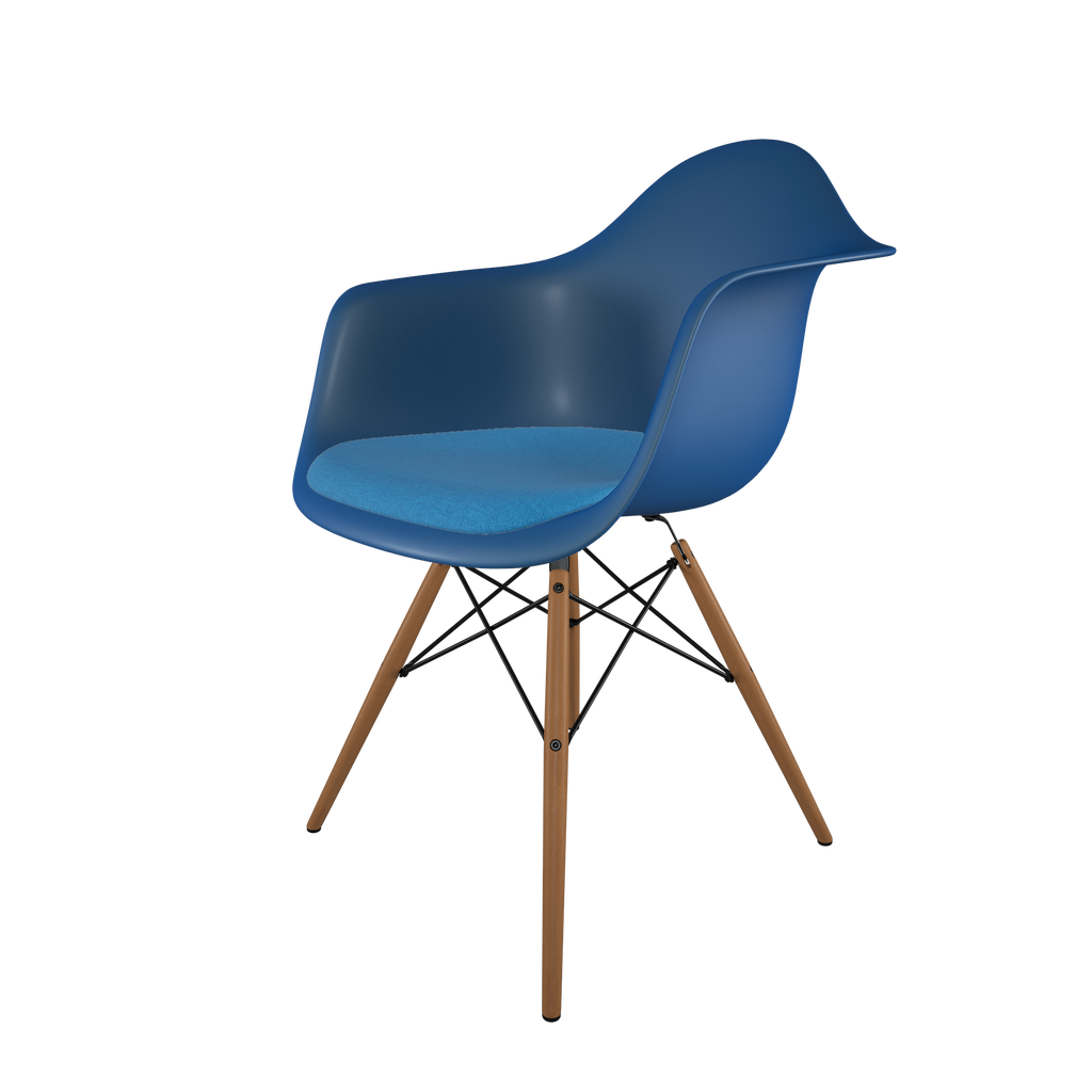 Dining chair with blue seat, blue cushion, honey-tone wood base front view on IndieFaves