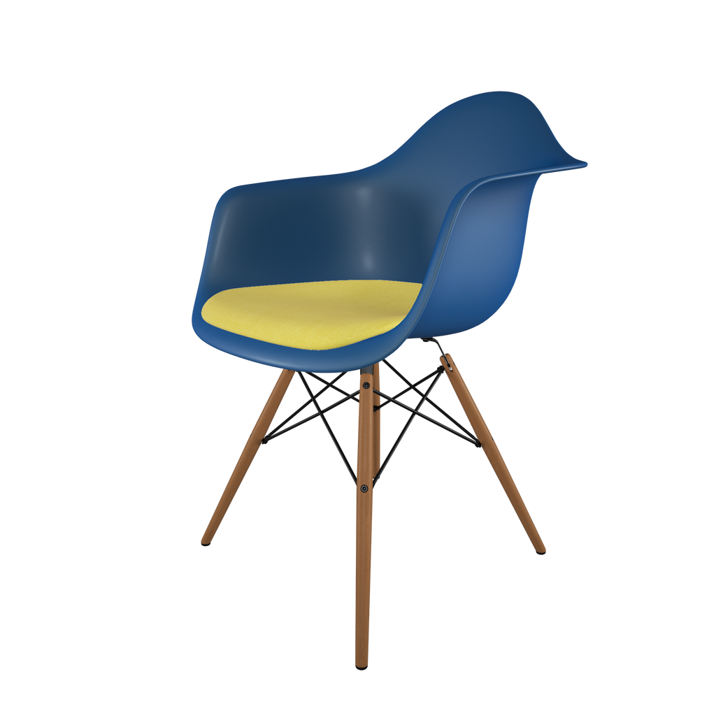 Dining chair with blue seat, yellow cushion, honey-tone wood base front view on IndieFaves