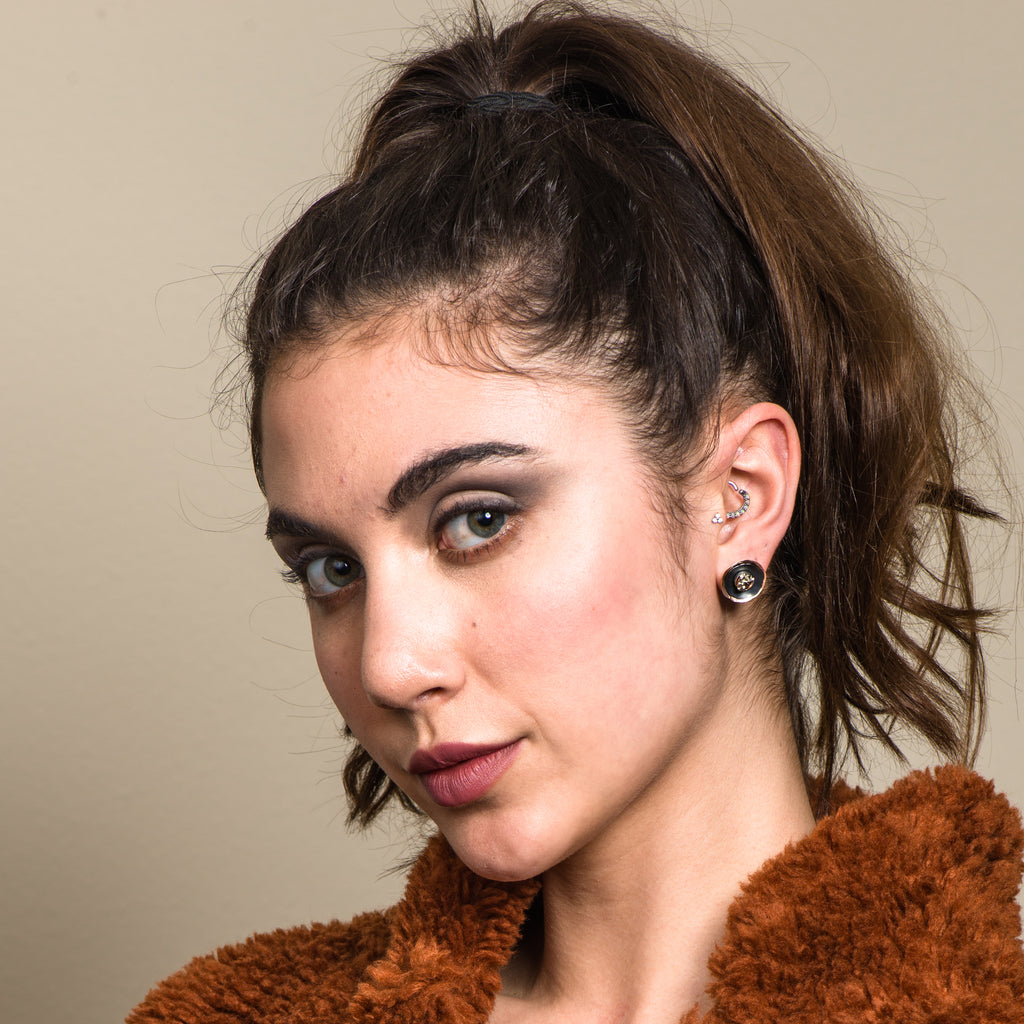 Model wearing Sterling Silver and Rose Gold Stackable Designer Studs on IndieFaves
