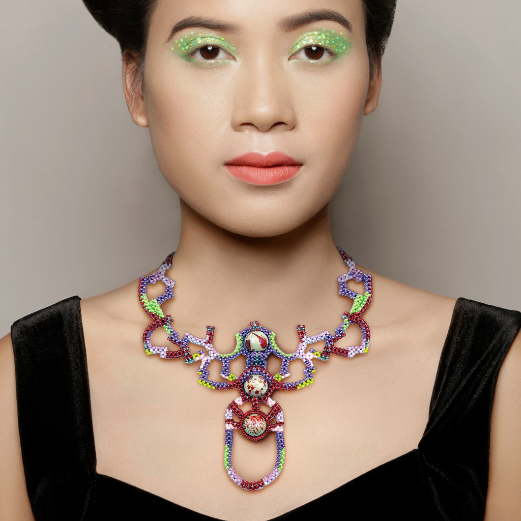 Model wearing Mara Colecchia - Japanese and Vintage Beads Beetle Designer Collar Necklace on IndieFaves