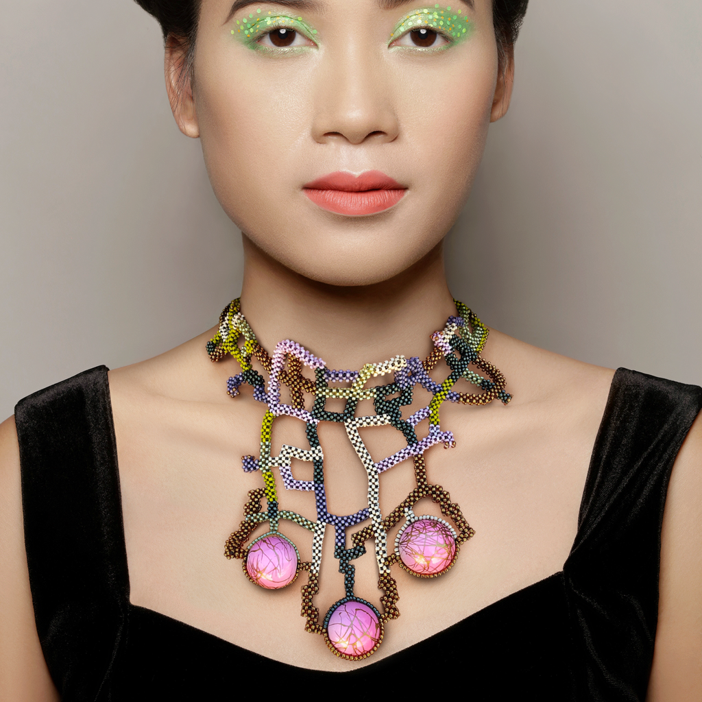 Model wearing Japanese and Vintage Beads Wiener Werkstatte Designer Collar on IndieFaves