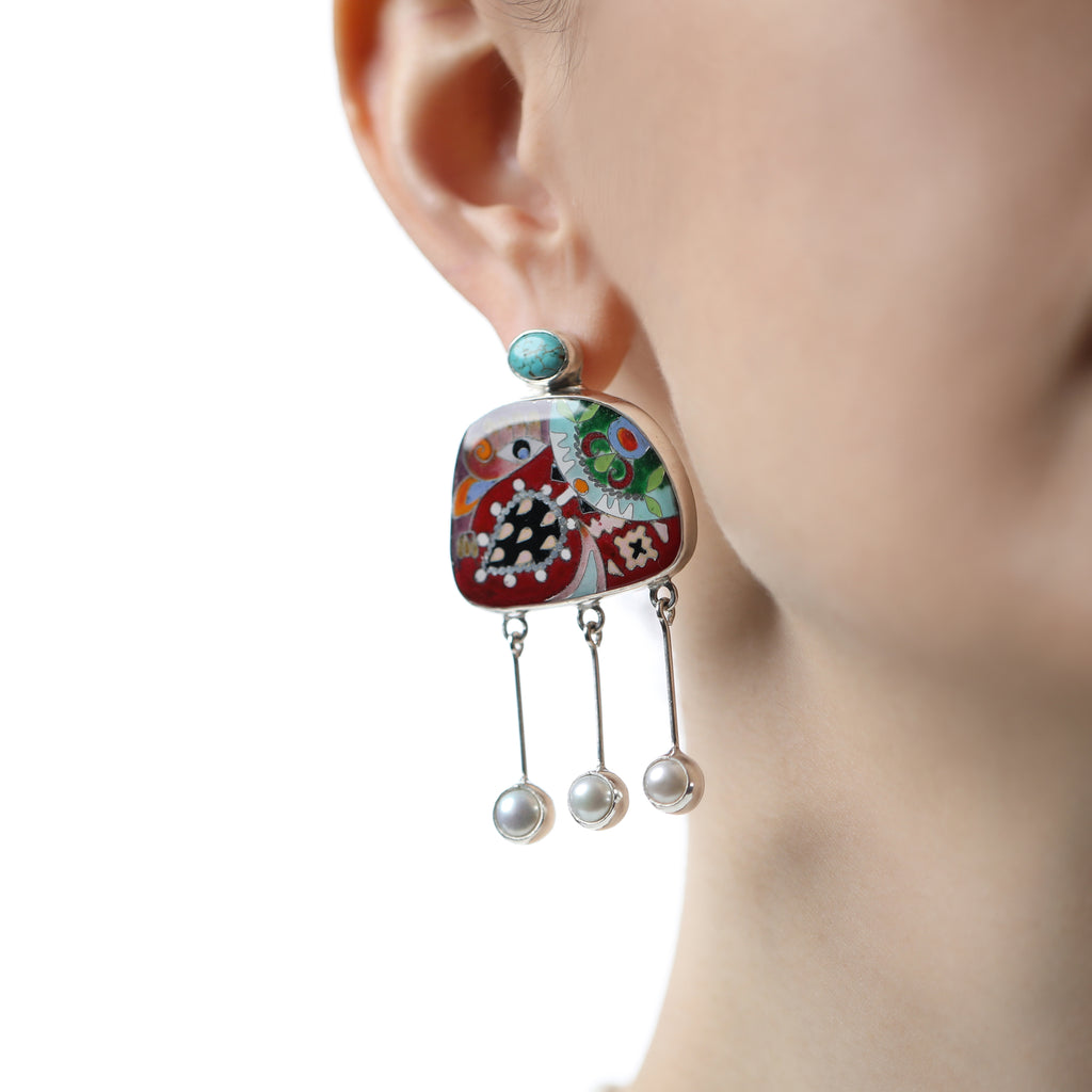 Model wearing White Pearl and Silver Nature Fusion Designer Earrings on IndieFaves
