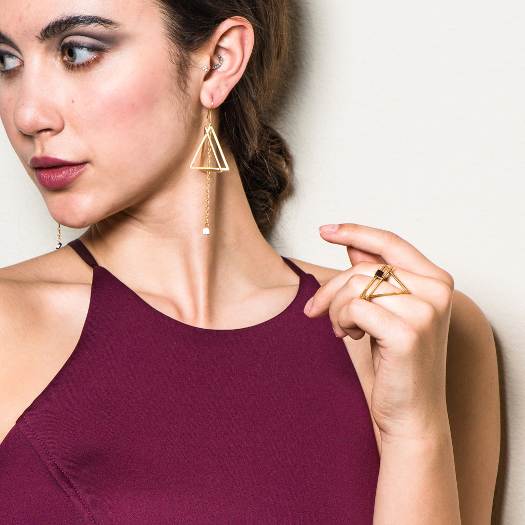 Model wearing 18K Gold-Plated and Garnet Double Triangle Designer Ring on IndieFaves