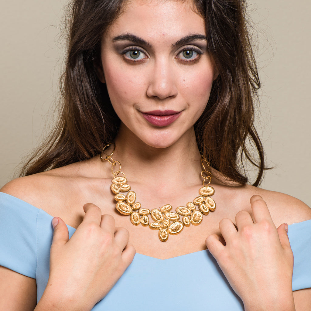 Model wearing 18K Gold-Plated Silver Statement Designer Necklace on IndieFaves