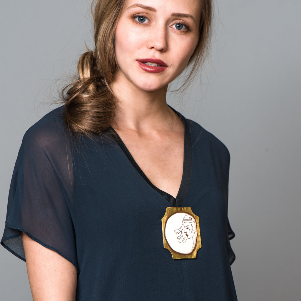 Model wearing May Ganan - Hand-painted Designer Brooch on IndieFaves