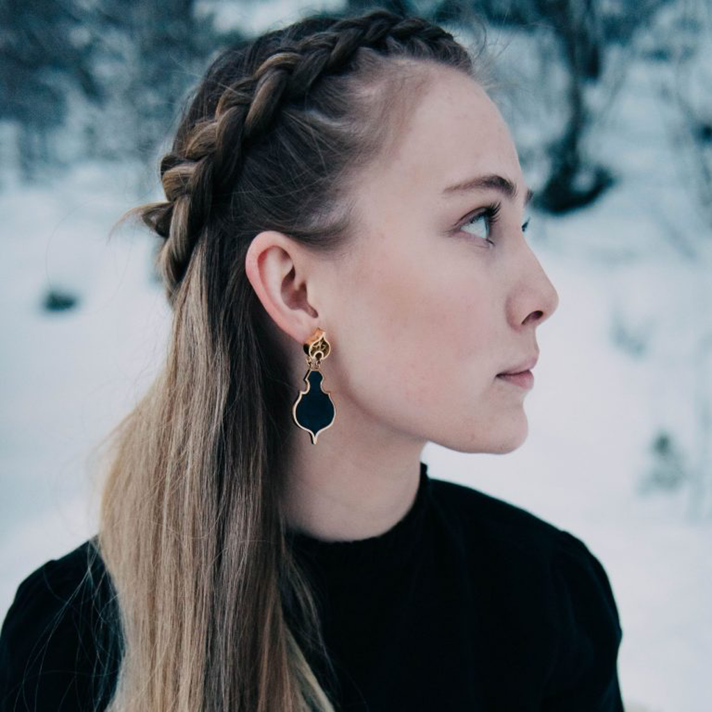 Model wearing Linn Sigrid Bratland - Silver and Black Enamel Geometric Designer Earrings on IndieFaves