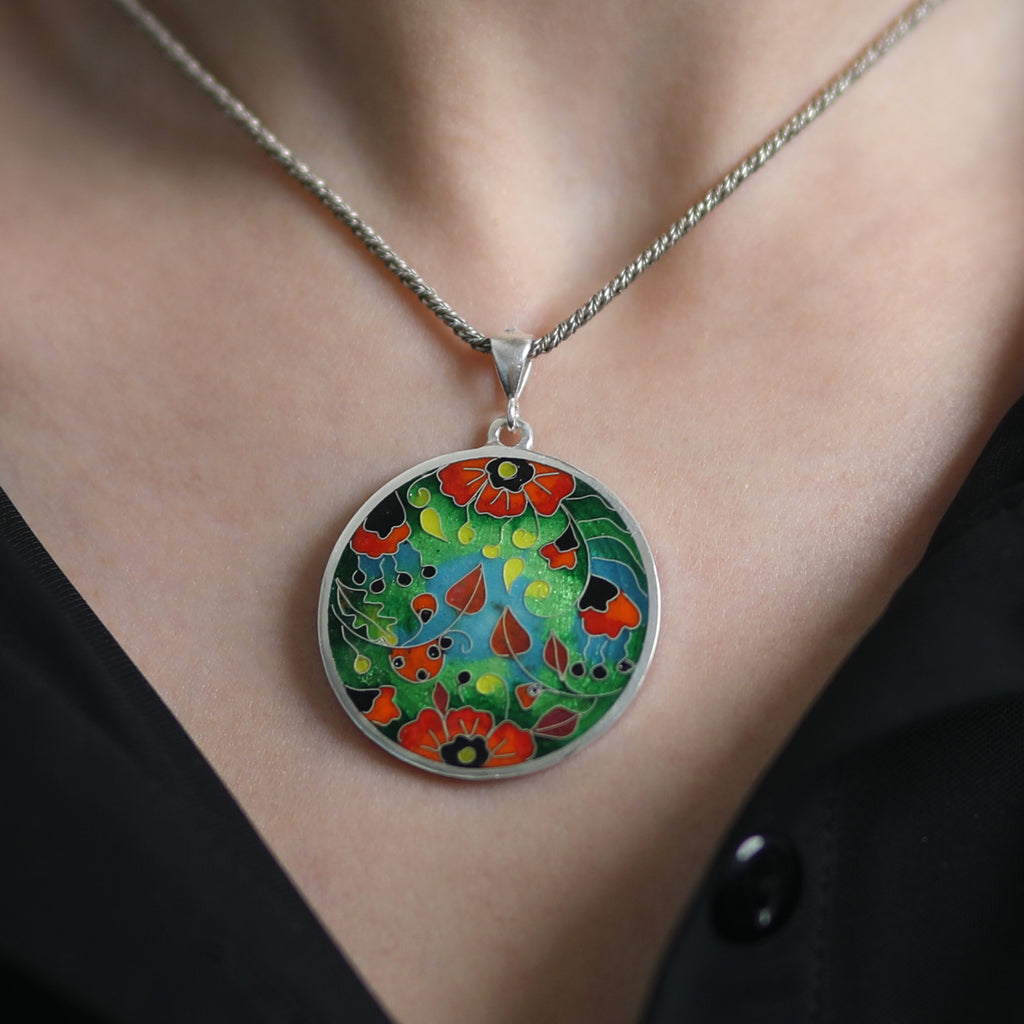 Model wearing Sterling Silver and Enamel Poppies Designer Pendant on IndieFaves
