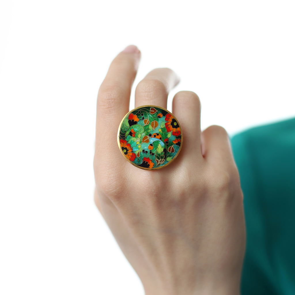 Model wearing Sterling Silver and Enamel Poppies Designer Ring on IndieFaves
