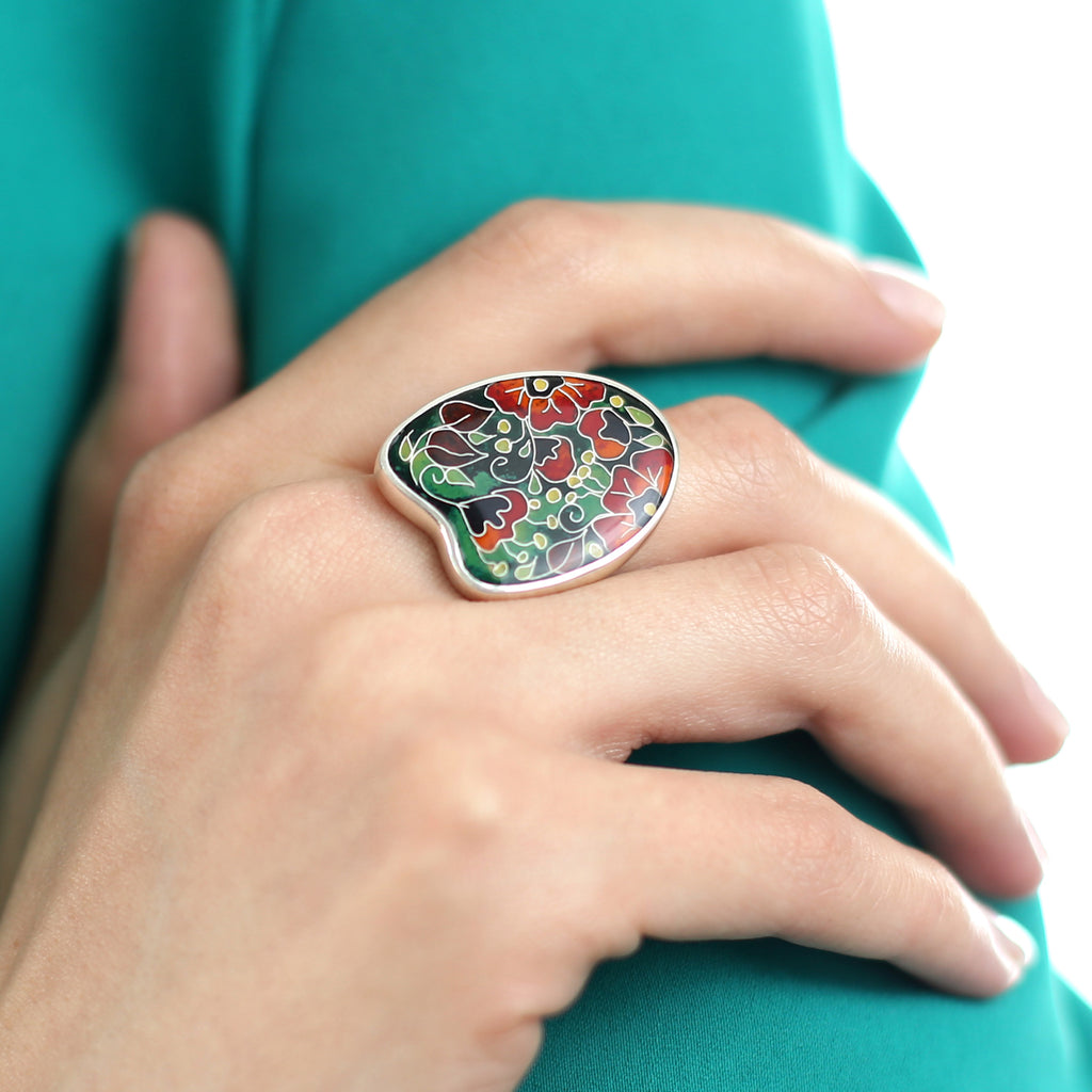 Model wearing Sterling Silver Vibrant Poppies Designer Ring on IndieFaves