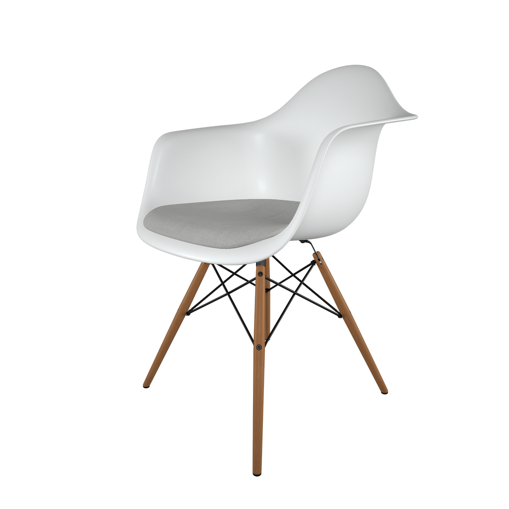 Dining chair with white seat, gray cushion, honey-tone wood base front view on IndieFaves