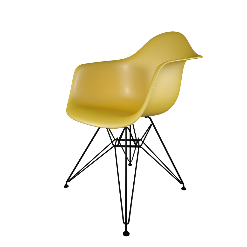 Dining chair with yellow seat and coated dark wire base front view on IndieFaves