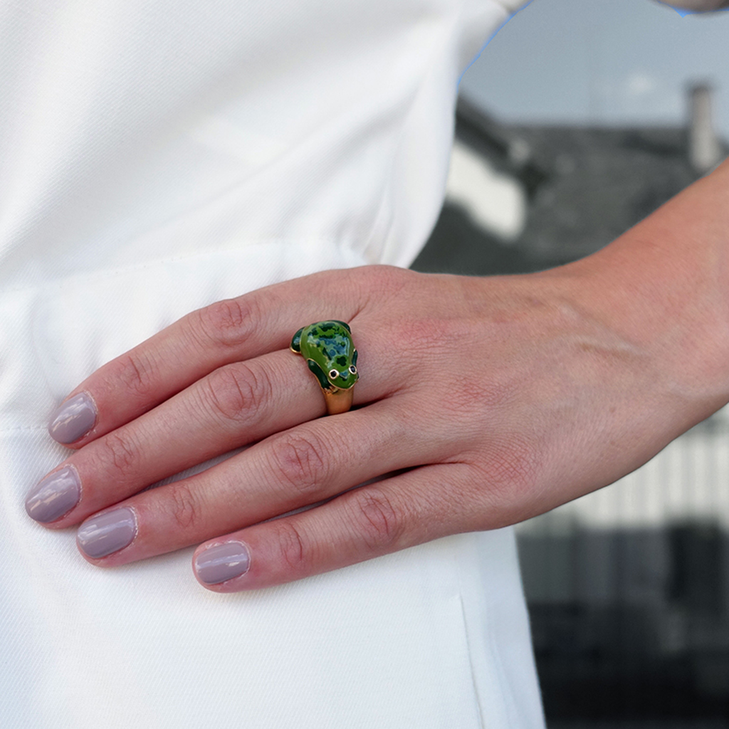 model wearing chiara bello 18k gold-plated enamel Betta Frog Designer ring on IndieFaves