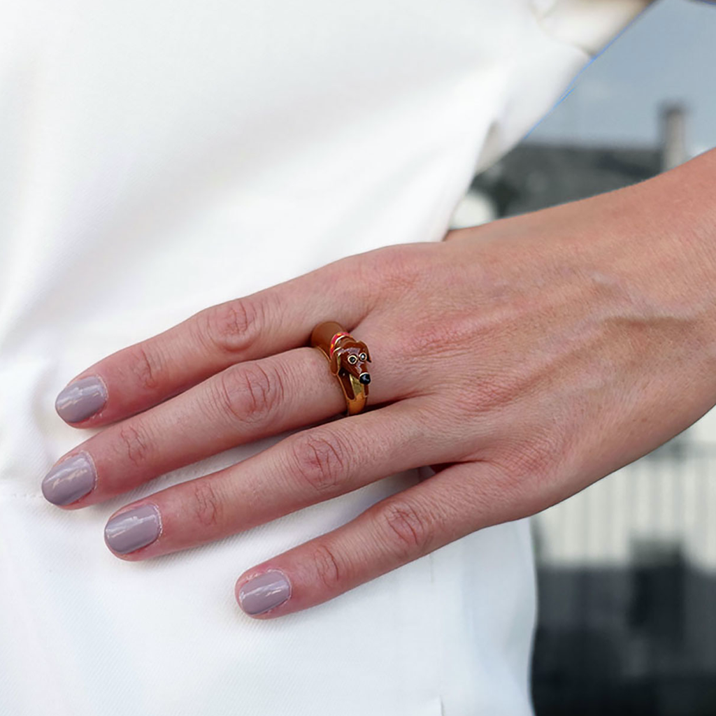model wearing chiara bello 18k gold-plated enamel UGO SAUSSAGE Designer ring on IndieFaves