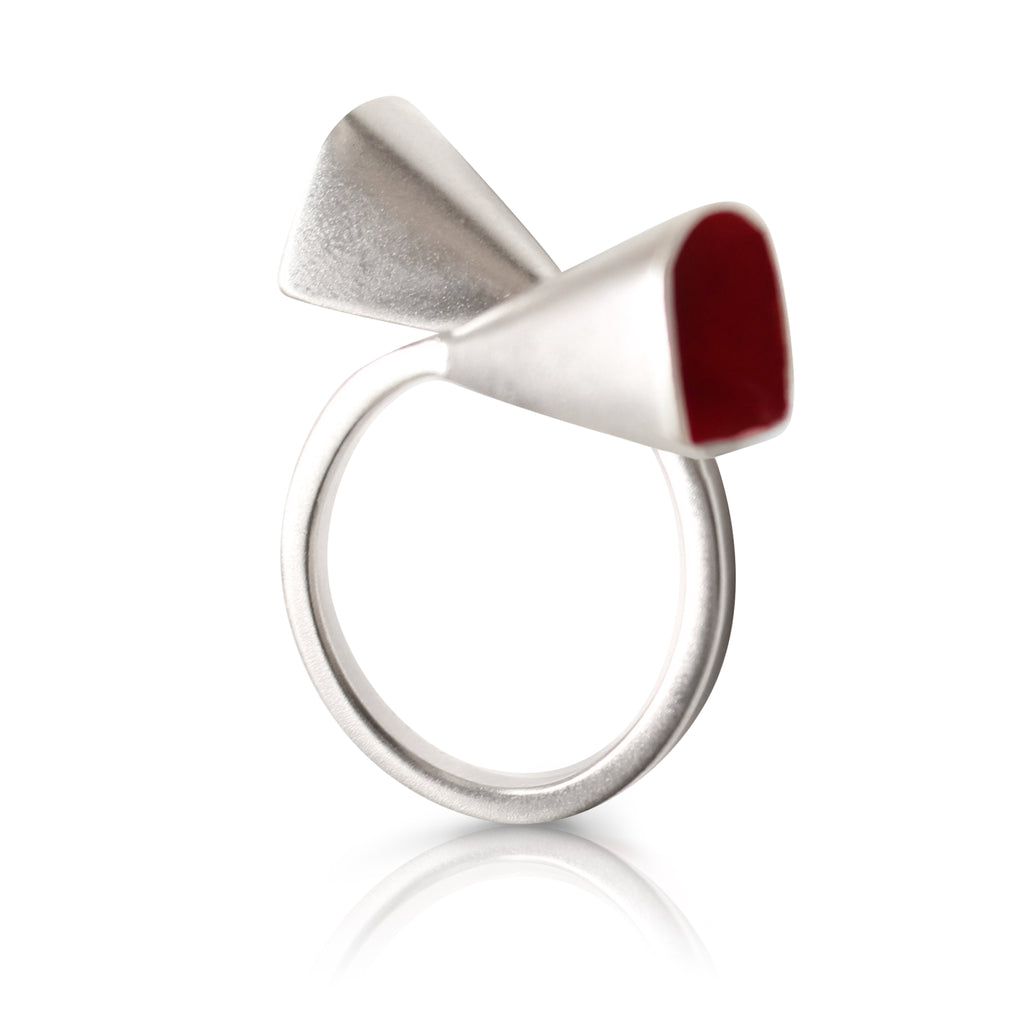 Anja Berg - Silver and Red Enamel Interlaced Bells Designer Ring on IndieFaves  