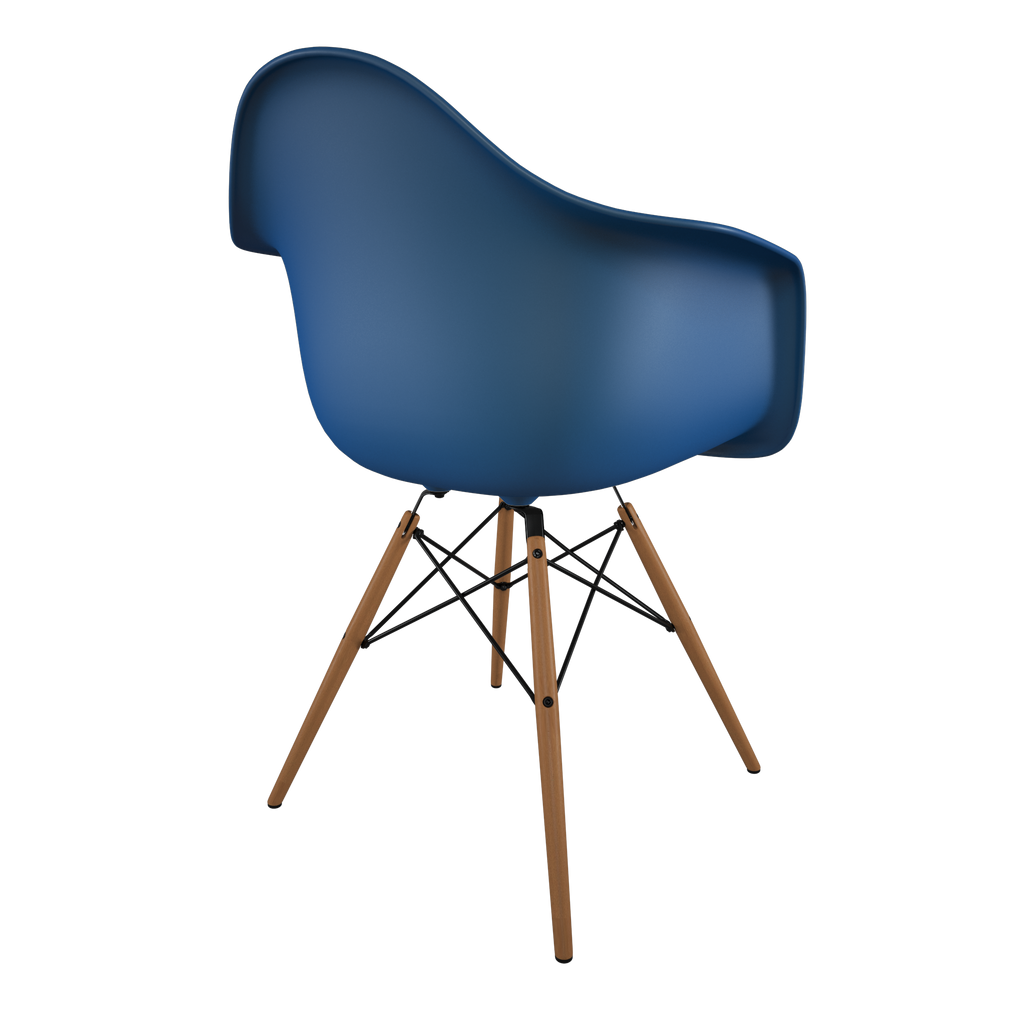 Dining chair with blue seat and honey-tone wood base back view on IndieFaves