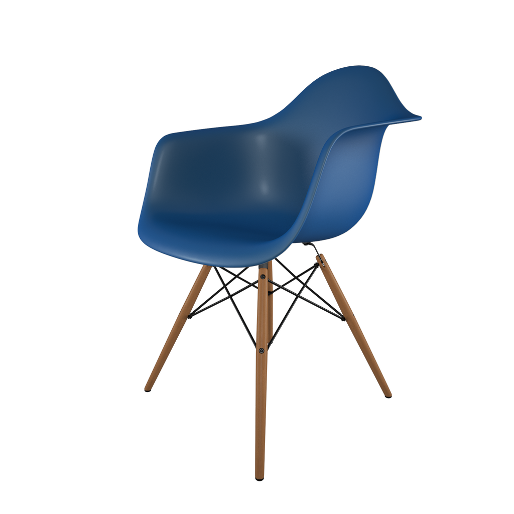 Dining chair with blue seat and honey-tone wood base front view on IndieFaves