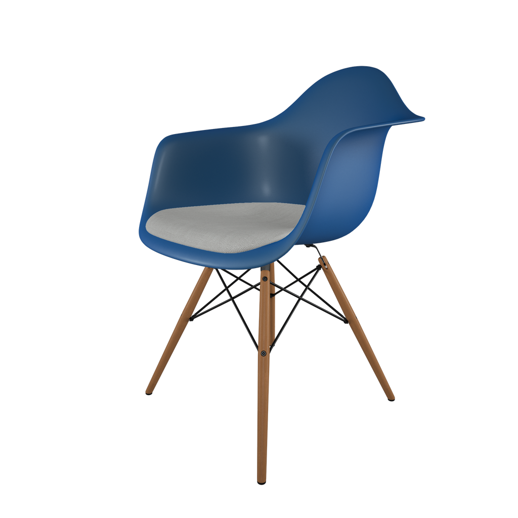 Dining chair with blue seat, gray cushion, honey-tone wood base front view on IndieFaves