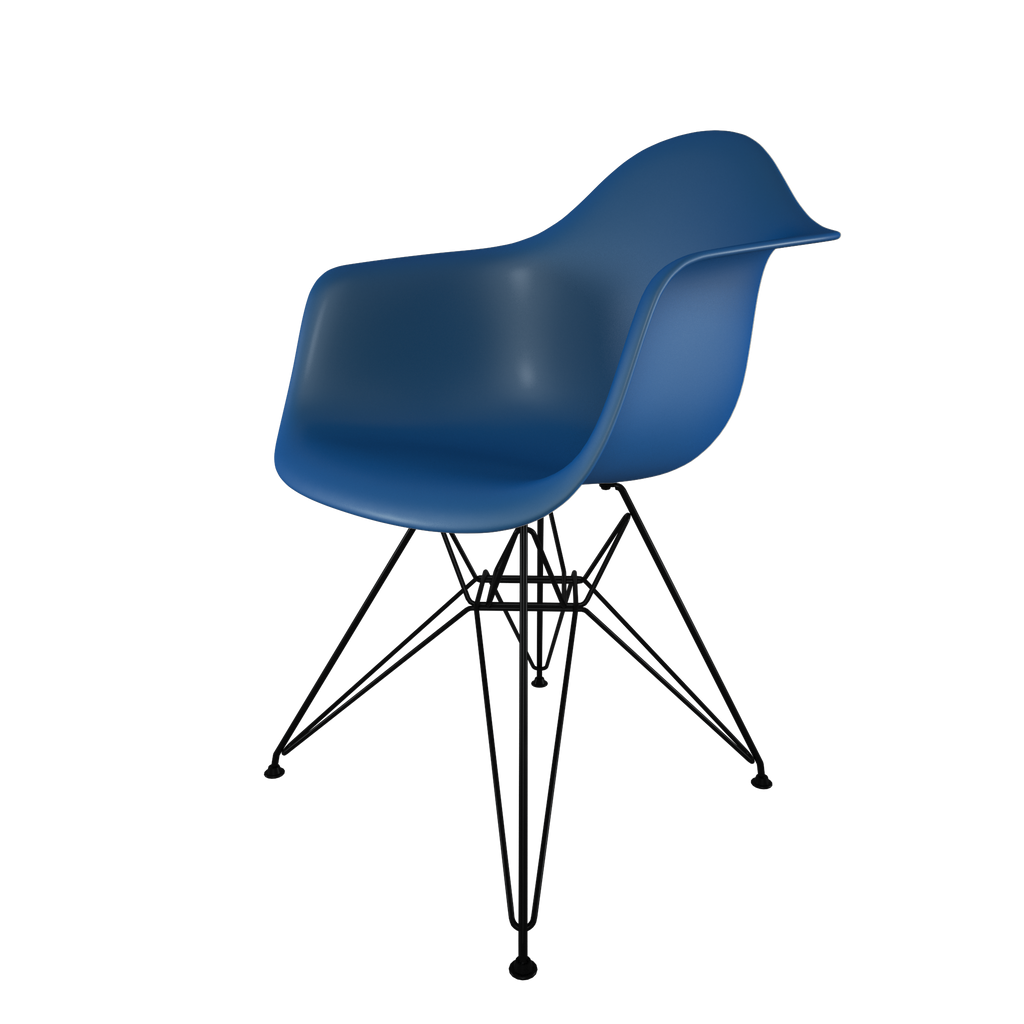 Dining chair with blue seat and coated dark wire base front view on IndieFaves