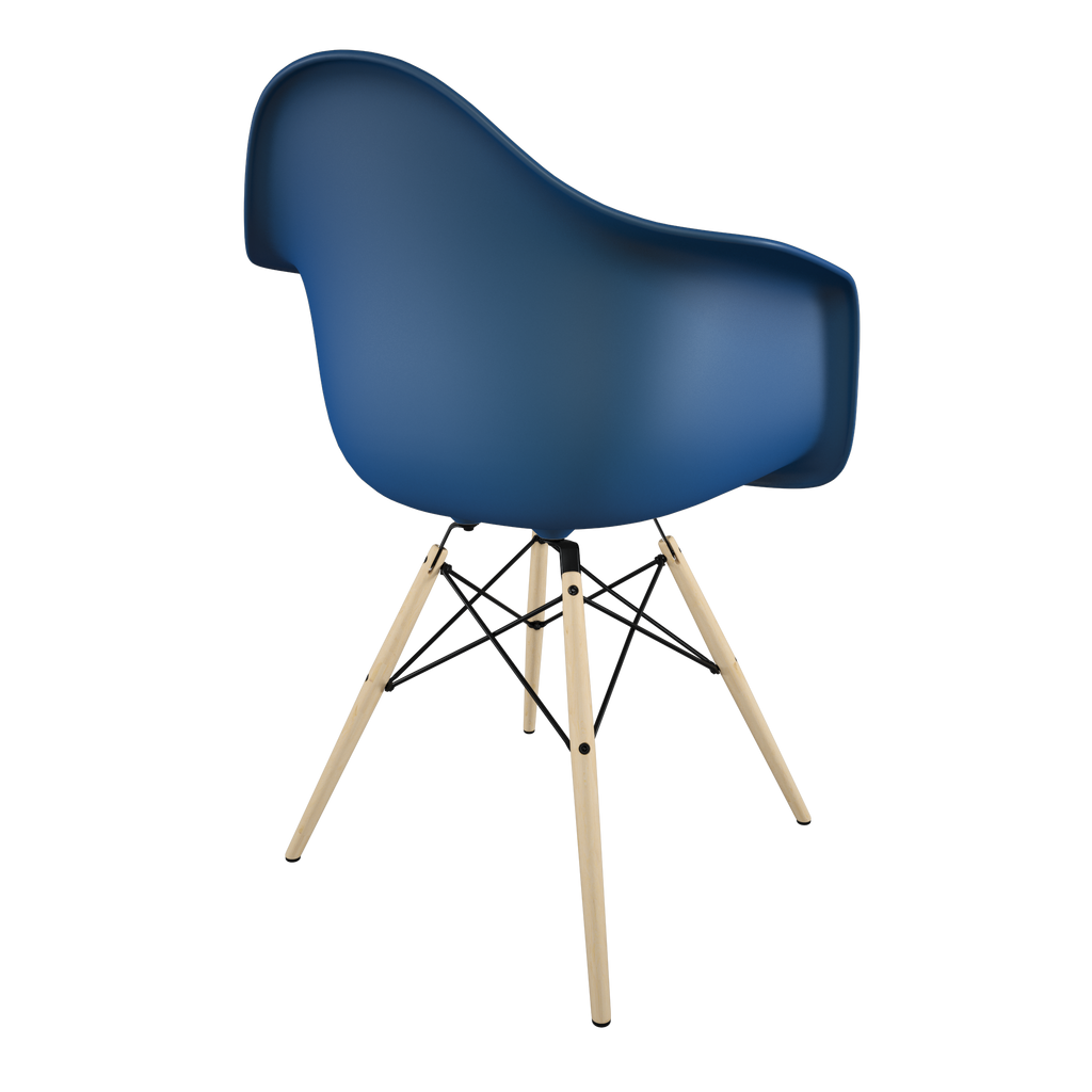 Dining chair with blue seat and golden maple wood base back view on IndieFaves