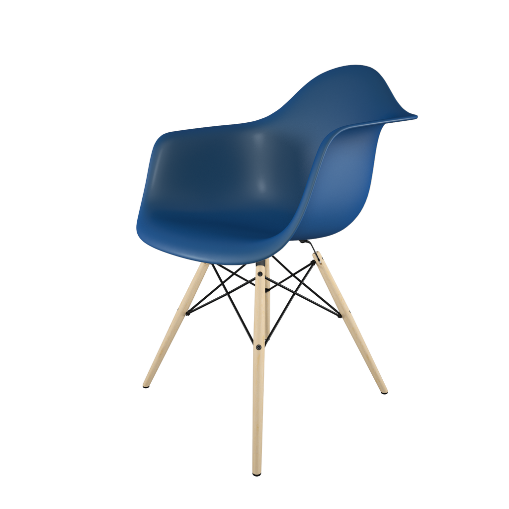 Dining chair with blue seat and golden maple wood base front view on IndieFaves
