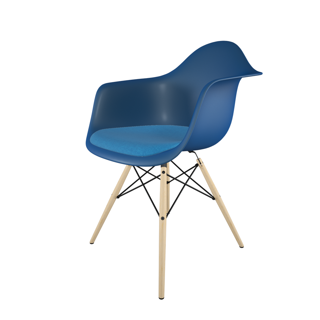 Dining chair with blue seat, blue cushion, golden maple wood base front view on IndieFaves