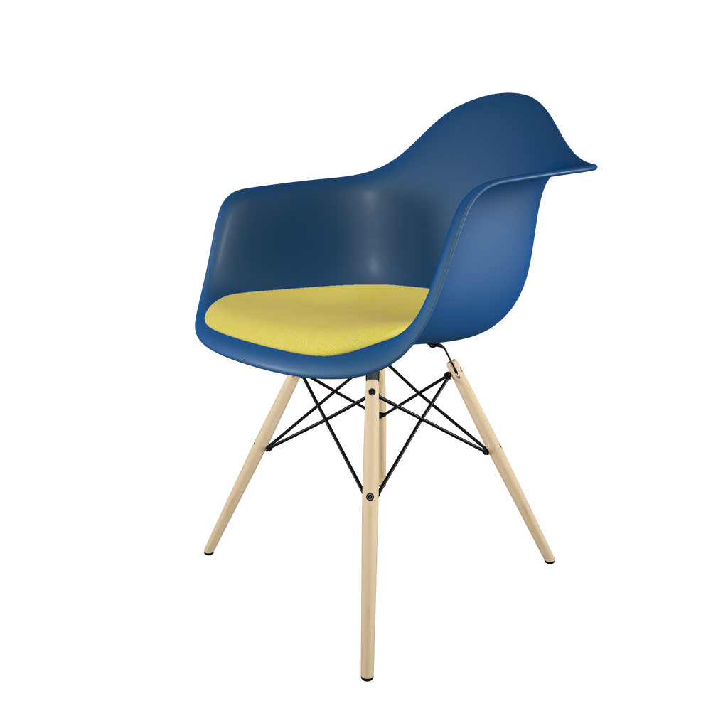 Dining chair with blue seat, yellow cushion, golden maple wood base front view on IndieFaves