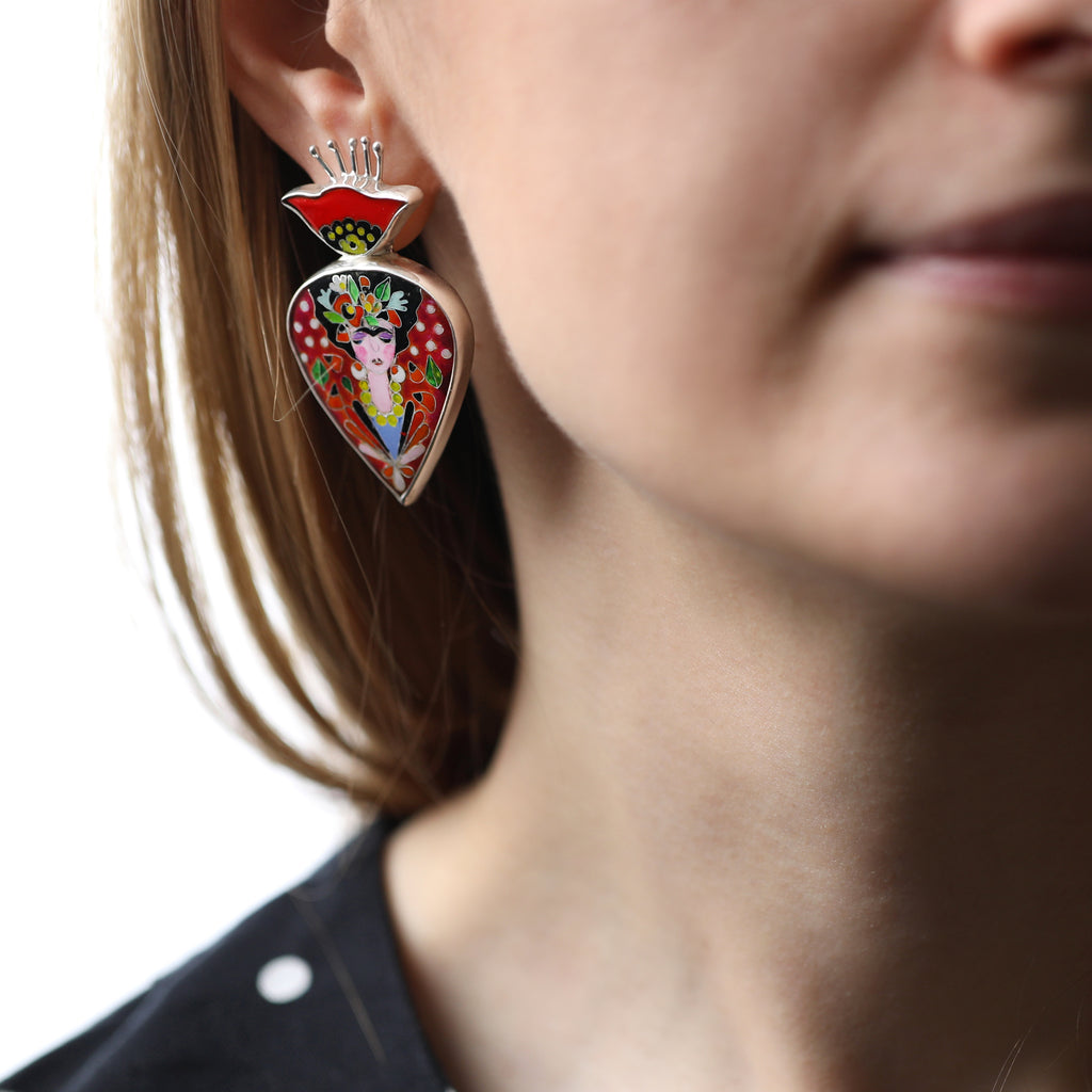 Model wearing Sterling Silver and Enamel Frida Inspired Designer Earrings on IndieFaves