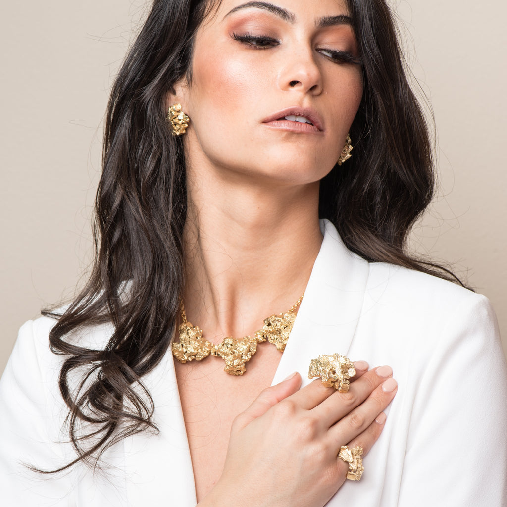 Model displaying the 18K Gold-Plated Brass Fluorita Small Designer Ring on IndieFaves