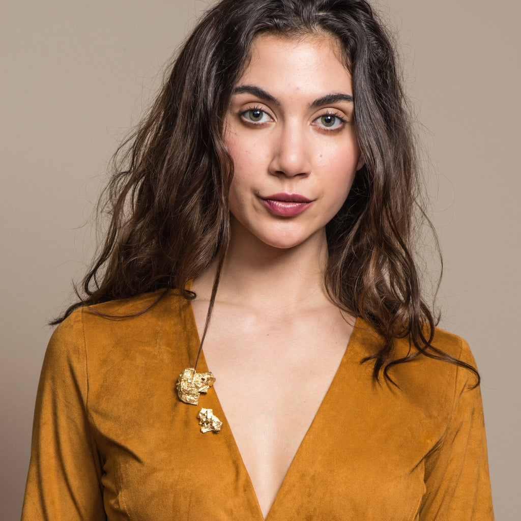 Model showcasing the 18K Gold-Plated Brass Large Fluorita Designer Brooch on IndieFaves