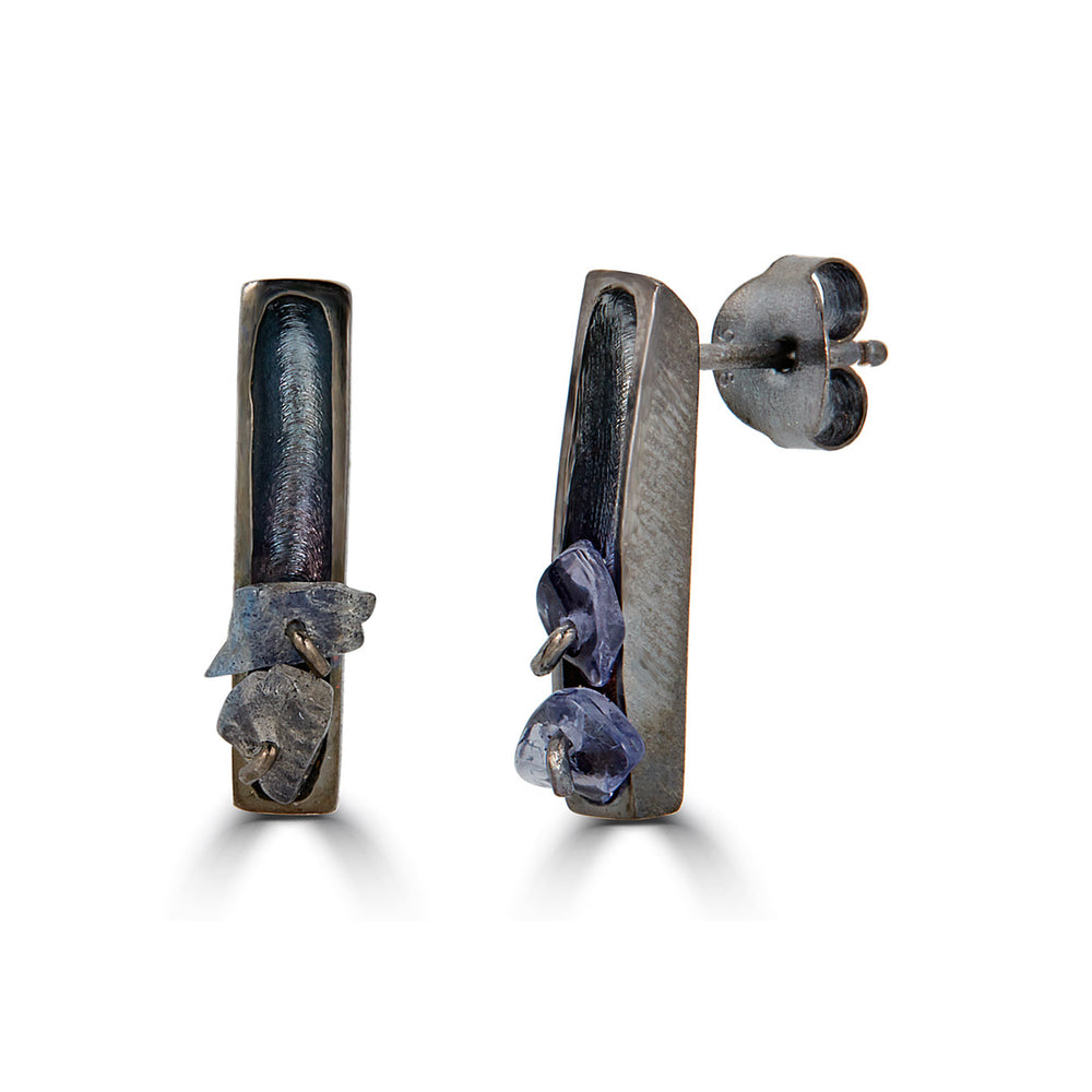 Two Stone Rhodium-Plated Silver Designer Earrings with Iolite Stones and Labradorite Stones on IndieFaves