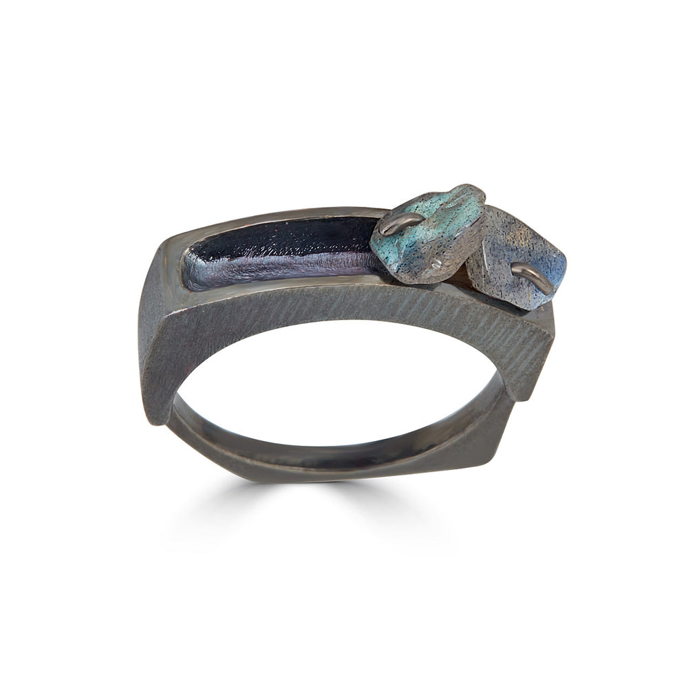 Rhodium-Plated Silver Designer Ring with Labradorite Stones on IndieFaves