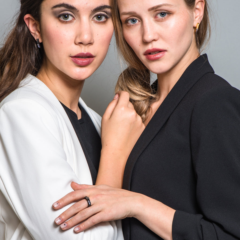 Models wearing Two Stone Rhodium-Plated Silver Designer Earrings with Iolite Stones and Labradorite Stones on IndieFaves