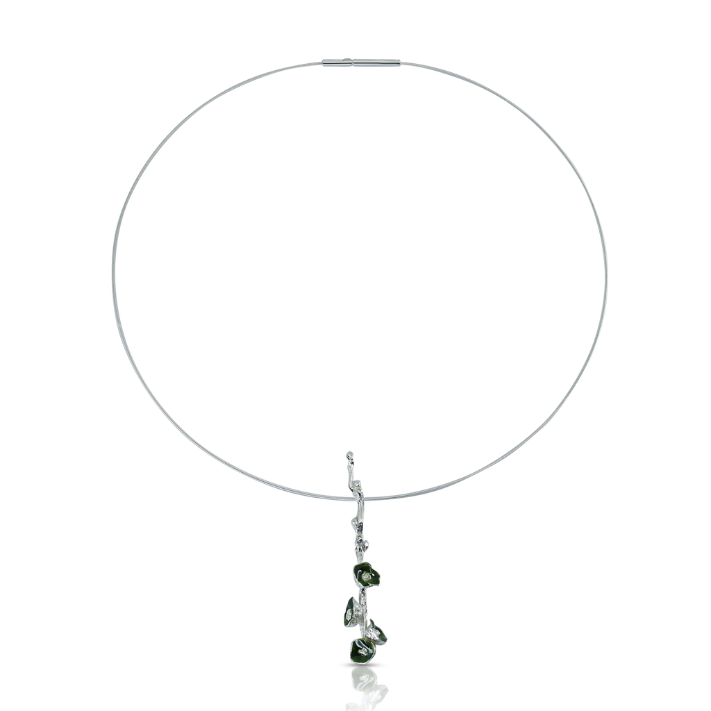 Kimah by Soraya Camacho - One-Of-A-Kind Silver and Green Enamel Poppy Designer Necklace on IndieFaves 
