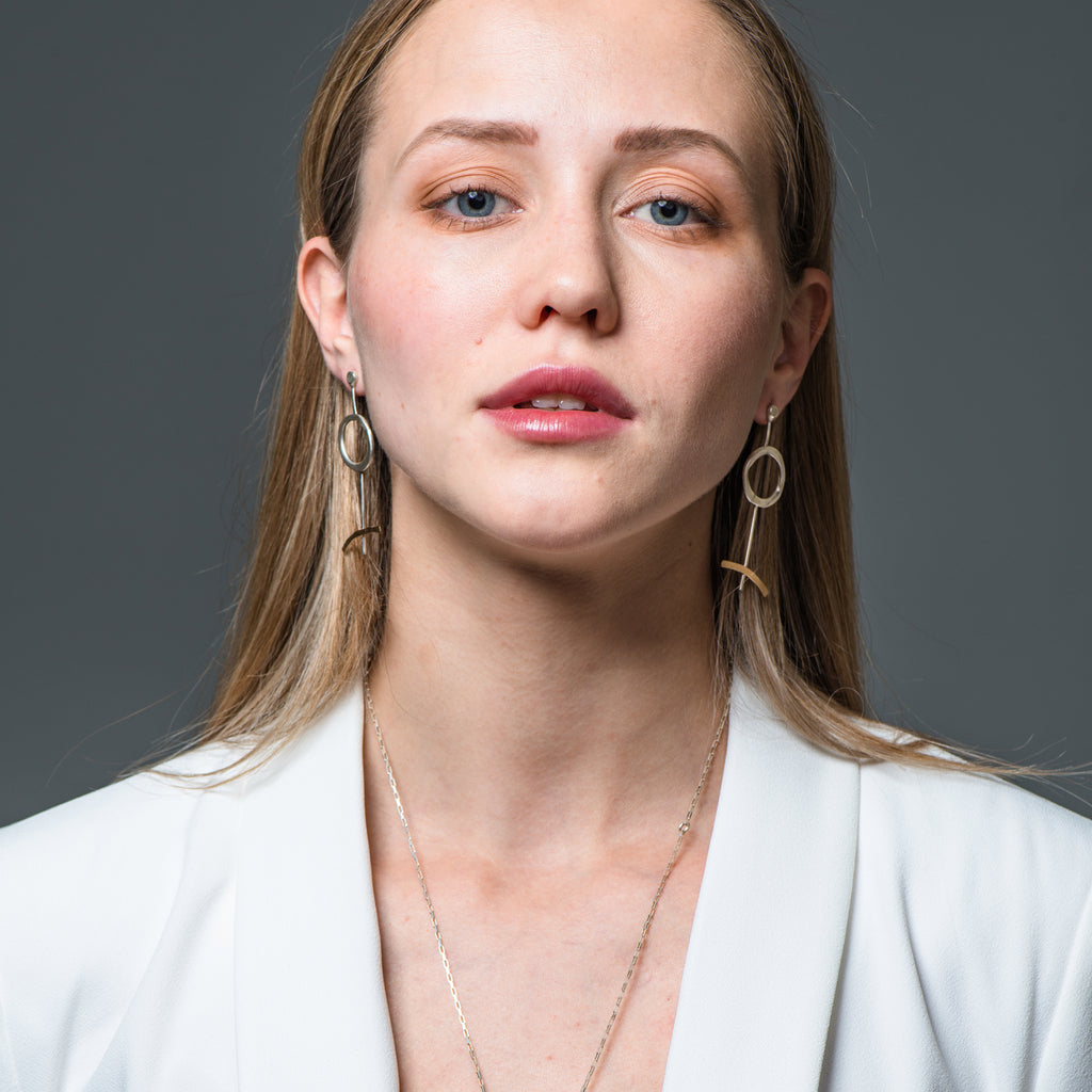 Model wearing Recycled Sterling Silver Modern Lines Designer Earrings on IndieFaves