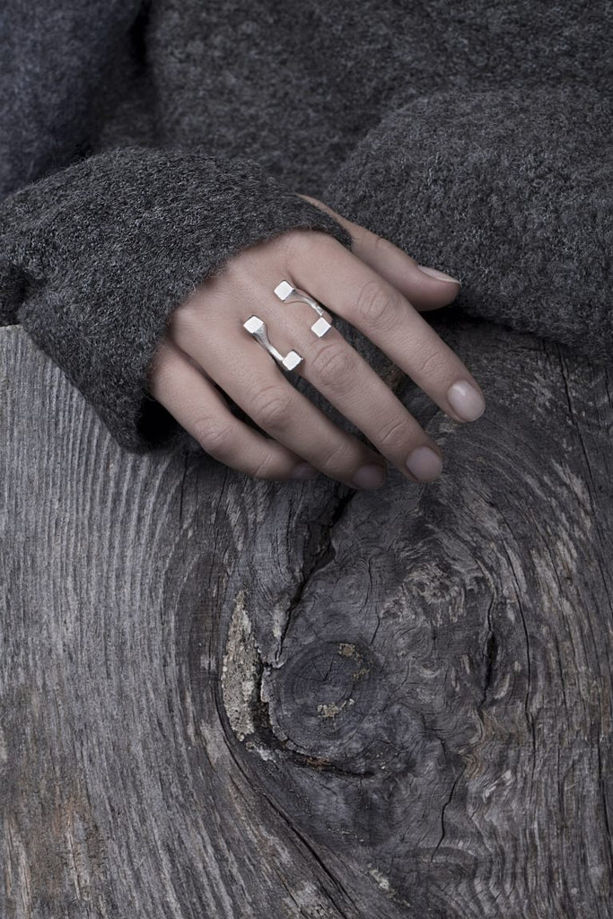 Model wearing Linn Sigrid Bratland - Sterling Silver Fundament Cube Designer Ring on IndieFaves