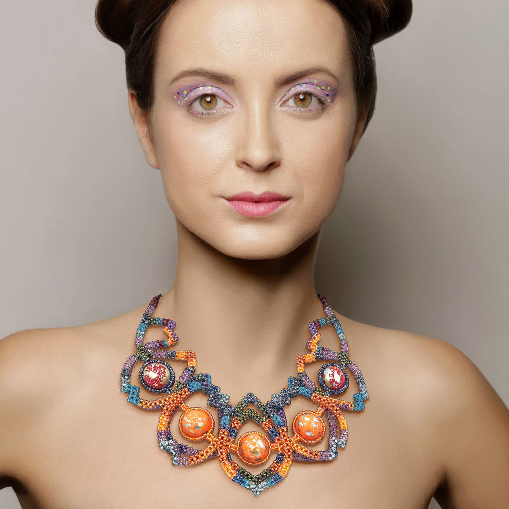 Model Wearing Mara Colecchia  Japanese and Vintage Beads Caterpillar Designer Collar Necklace on IndieFaves