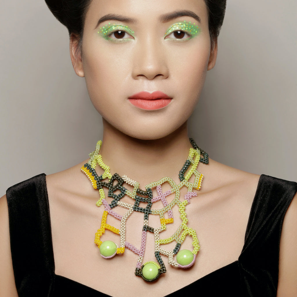 Model wearing Mara Colecchia -  Japanese and Vintage Beads Montezuma Collar Designer Necklace  on IndieFaves