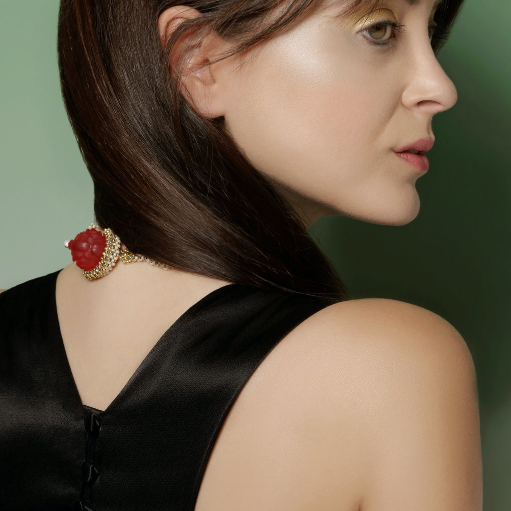 Model wearing Japanese and Vintage Beads Rose Swirls Designer Collar Necklace on IndieFaves