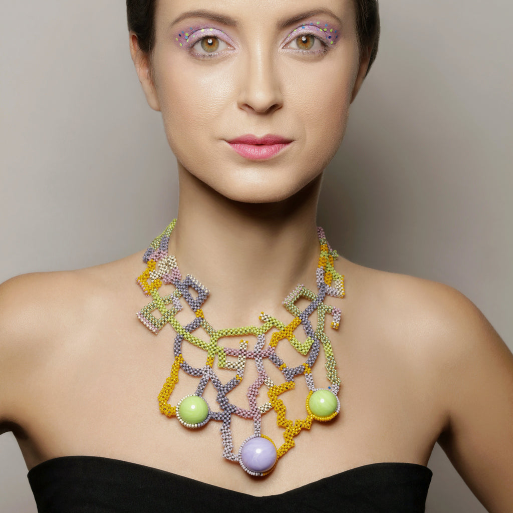 Model Wearing Japanese and Vintage Beads Wiener Symphony Designer Collar Necklace on IndieFaves