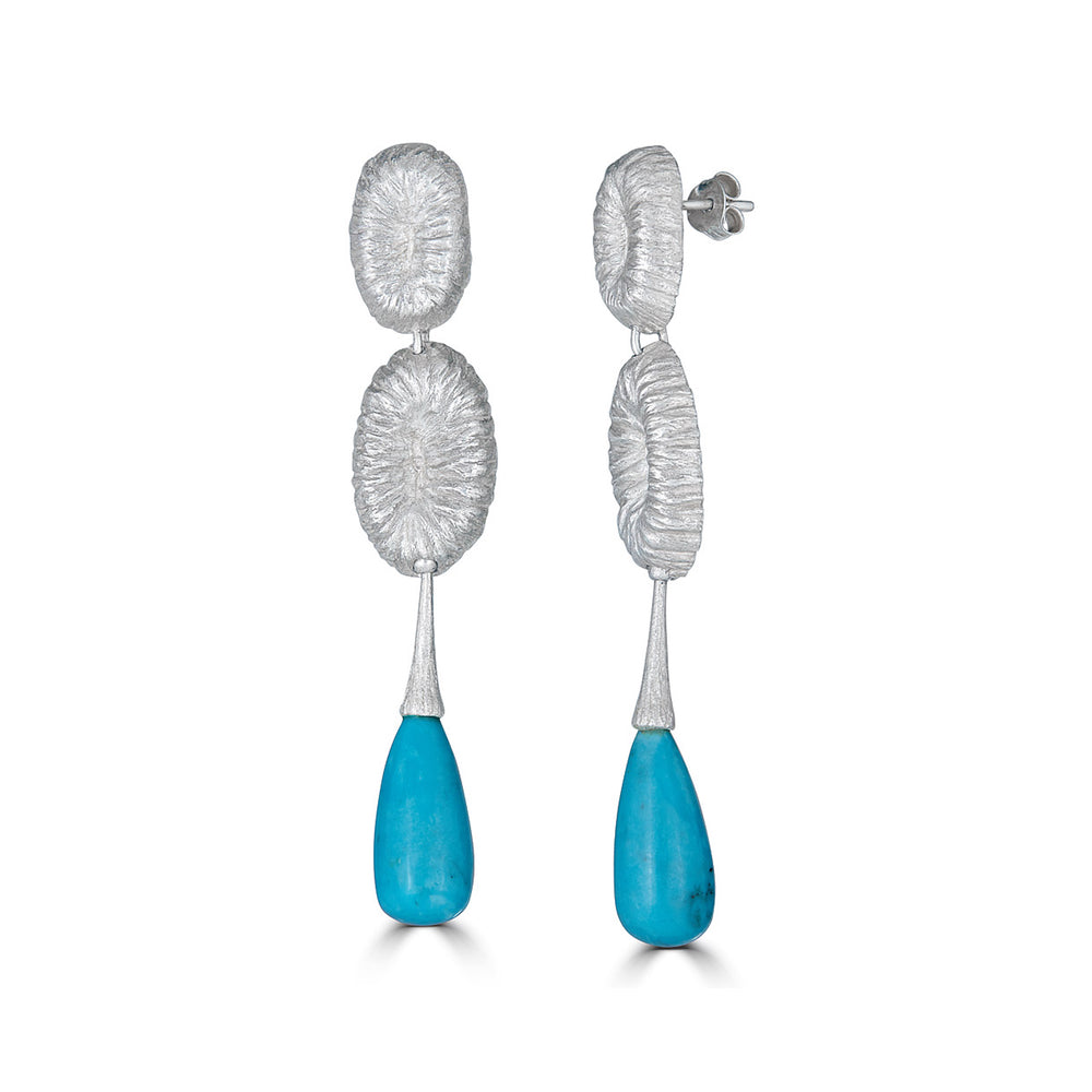 Silver Dangle Designer Earrings with Turquoise Drops on IndieFaves