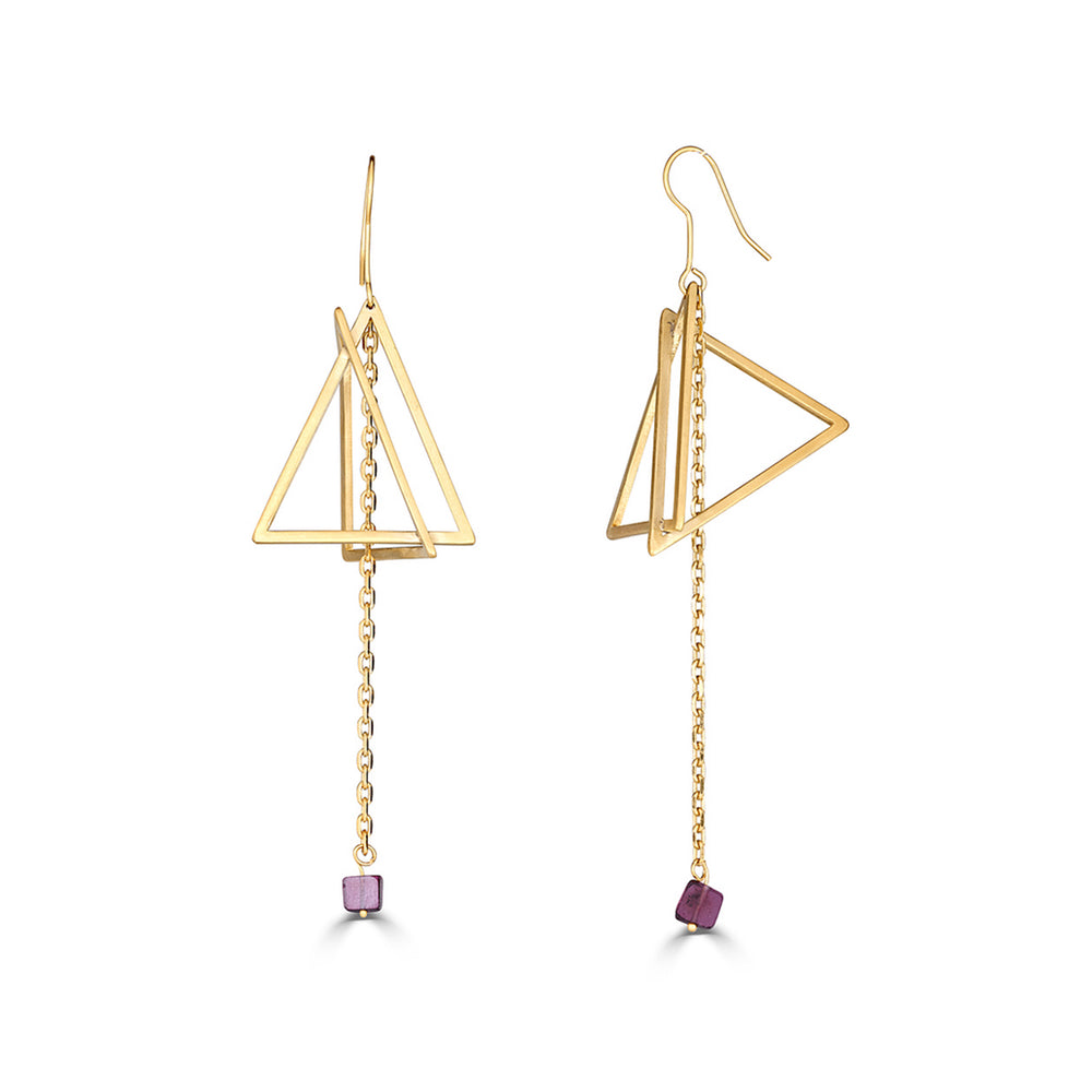 18K Gold-Plated and Garnet Double Triangle Dangle Designer Earrings on IndieFaves