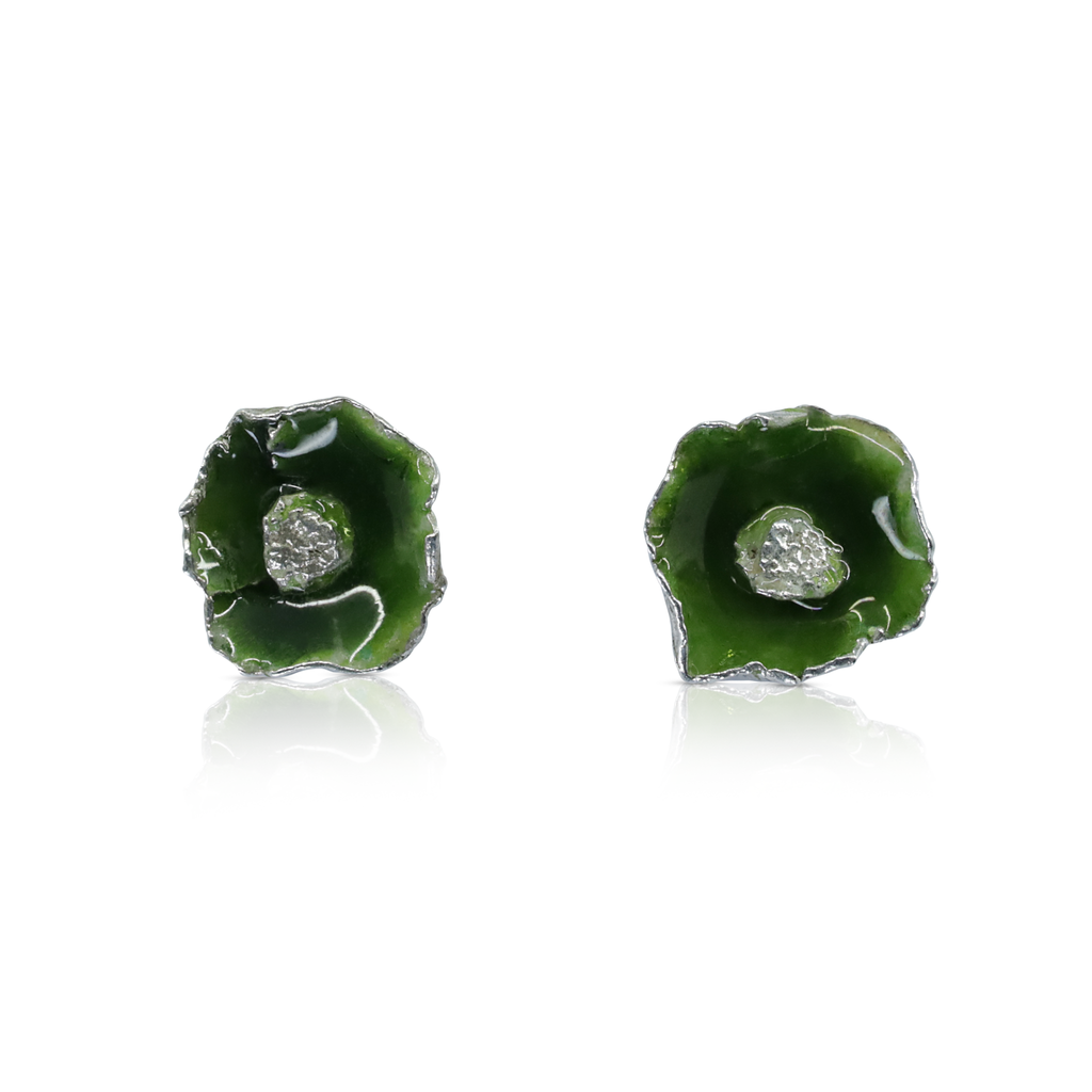 One-Of-A-Kind Silver and Green Enamel Poppy Designer Studs on IndieFaves