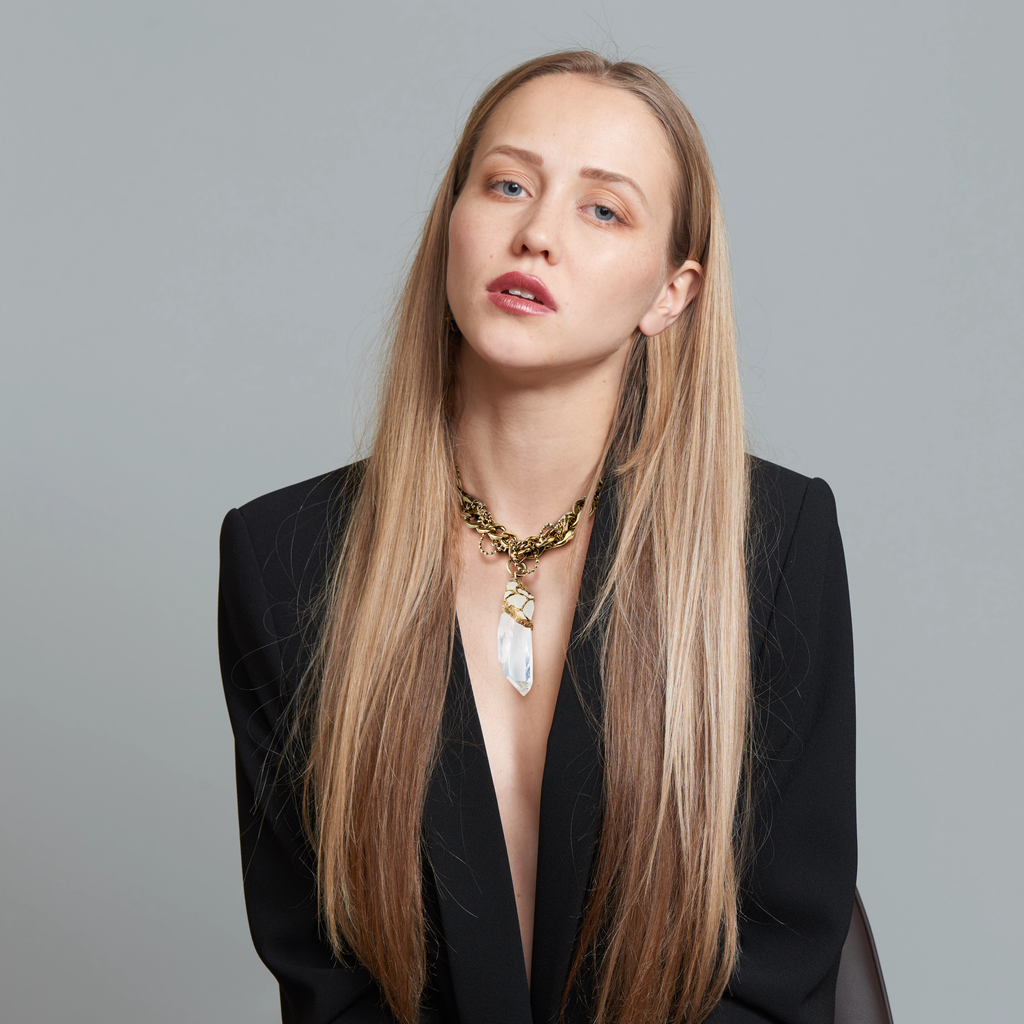 Model wearing Pauletta Brooks - Colombian Quartz Crystal Designer Necklace With Vintage Chain on IndieFaves
