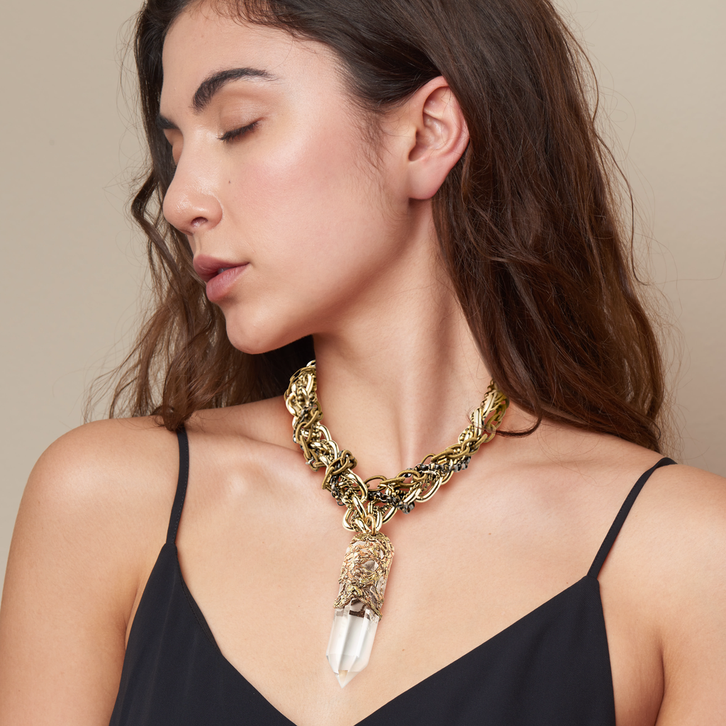 Model wearing Pauletta Brooks - Colombian Quartz Crystal Designer Necklace With Vintage Roped Chain on IndieFaves