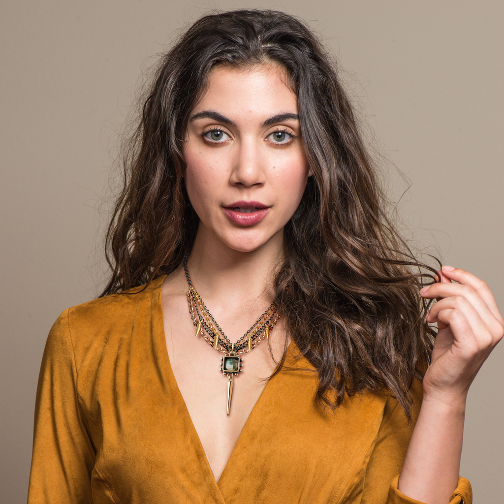 Model wearing Pauletta Brooks - Labradorite Stone Designer Necklace With Charms on IndieFaves