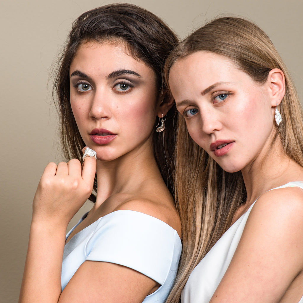Model wearing Sterling Silver Designer Earrings on IndieFaves