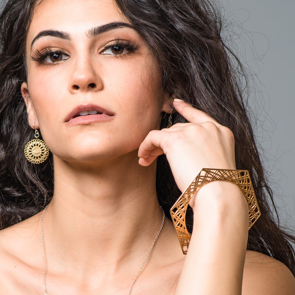 Model wearing Brass Geometrical Designer Bangle or Bracelet on IndieFaves
