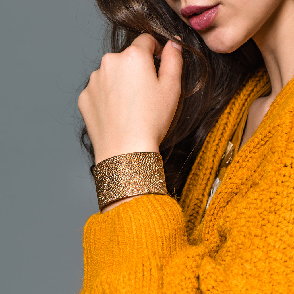 Model wearing Bronze Sting Ray Cuff or Bracelet on IndieFaves